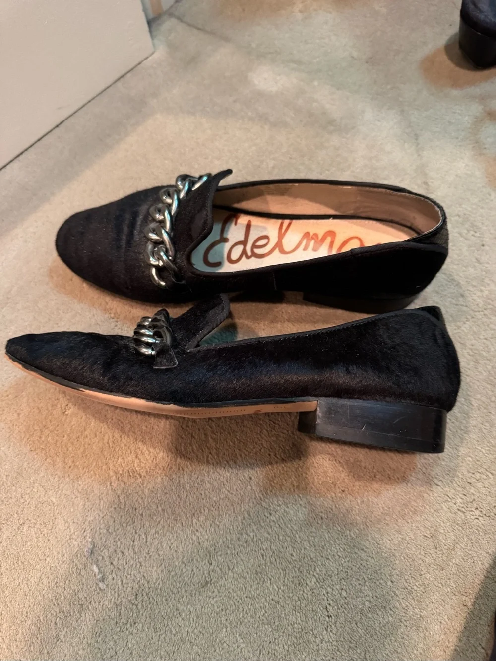 Sam Edelman Black Suede Loafers with Silver Chain Accent